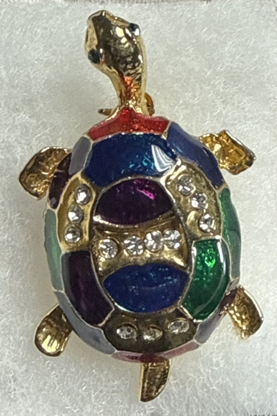 Vintage Rhinestone Guilloche Enamel Painted Turtle Tortoise Brooch Pin